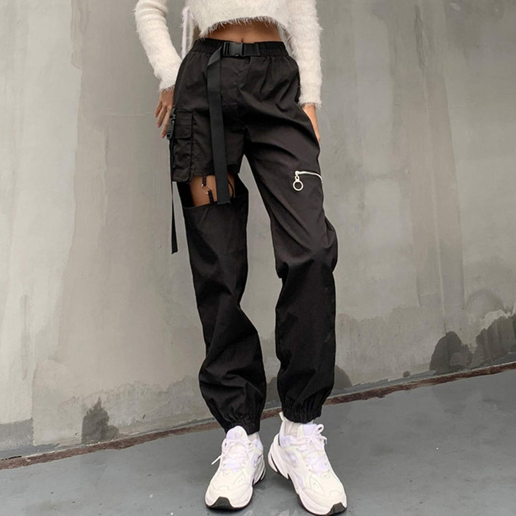 Womens High Waisted Cargo Pants Hollow Punk Pants Pockets Casual Loose Combat Twill Trousers with Belt (Black, L)